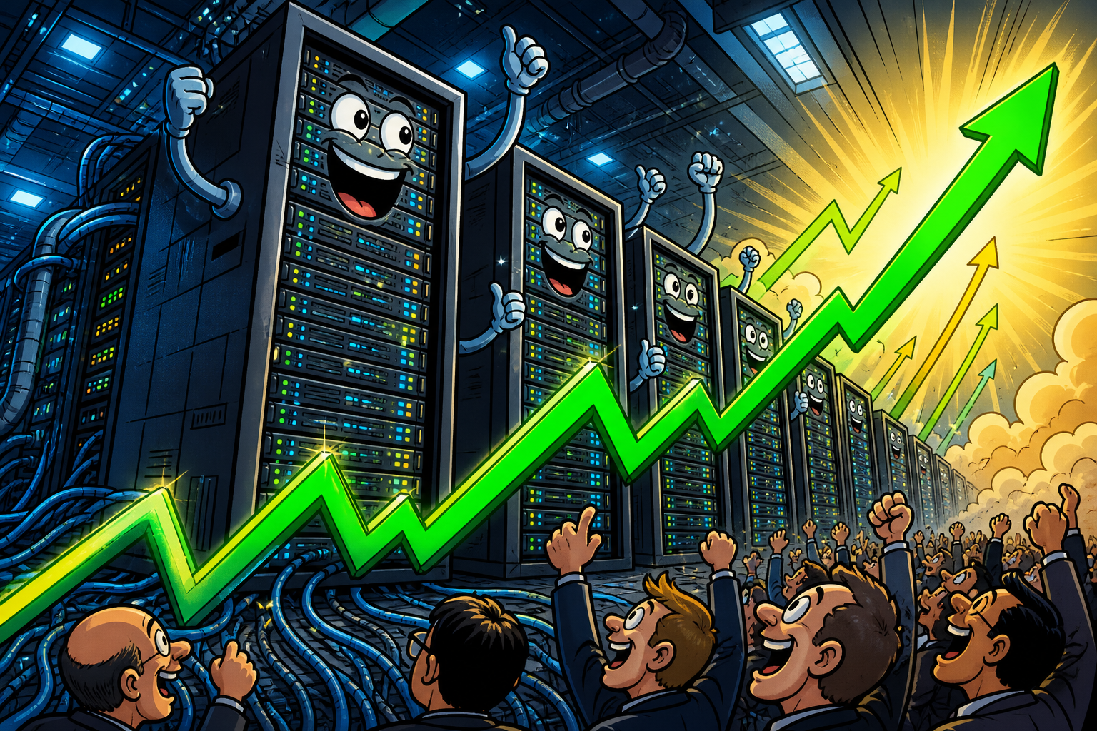 AI data center and stock arrows.
