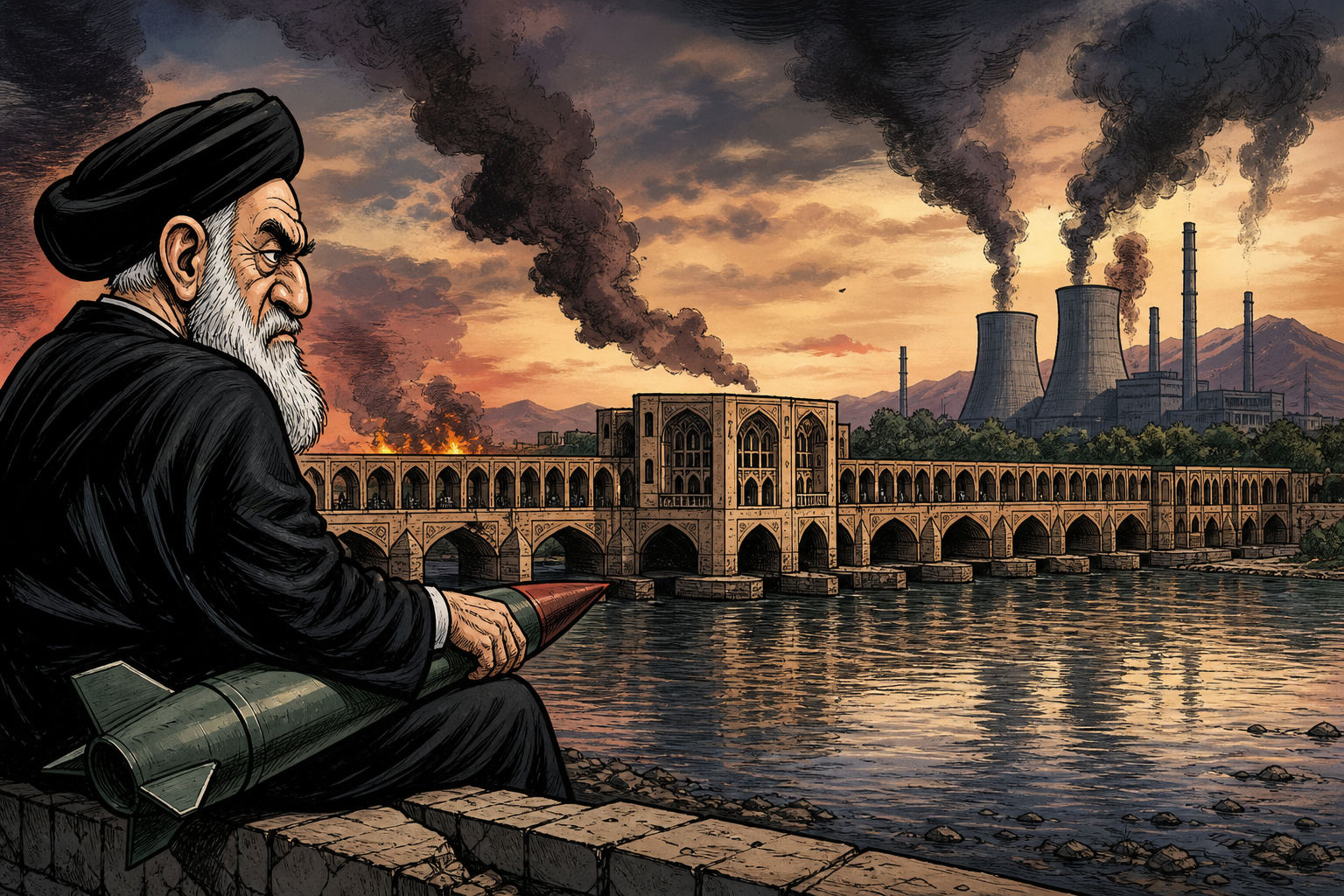 Iranian bridge and power plant smoke.