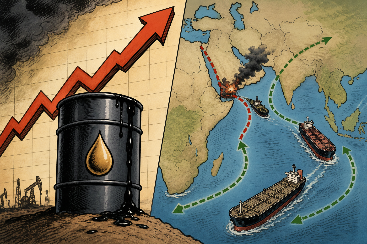 Oil price graph and diverted routes.