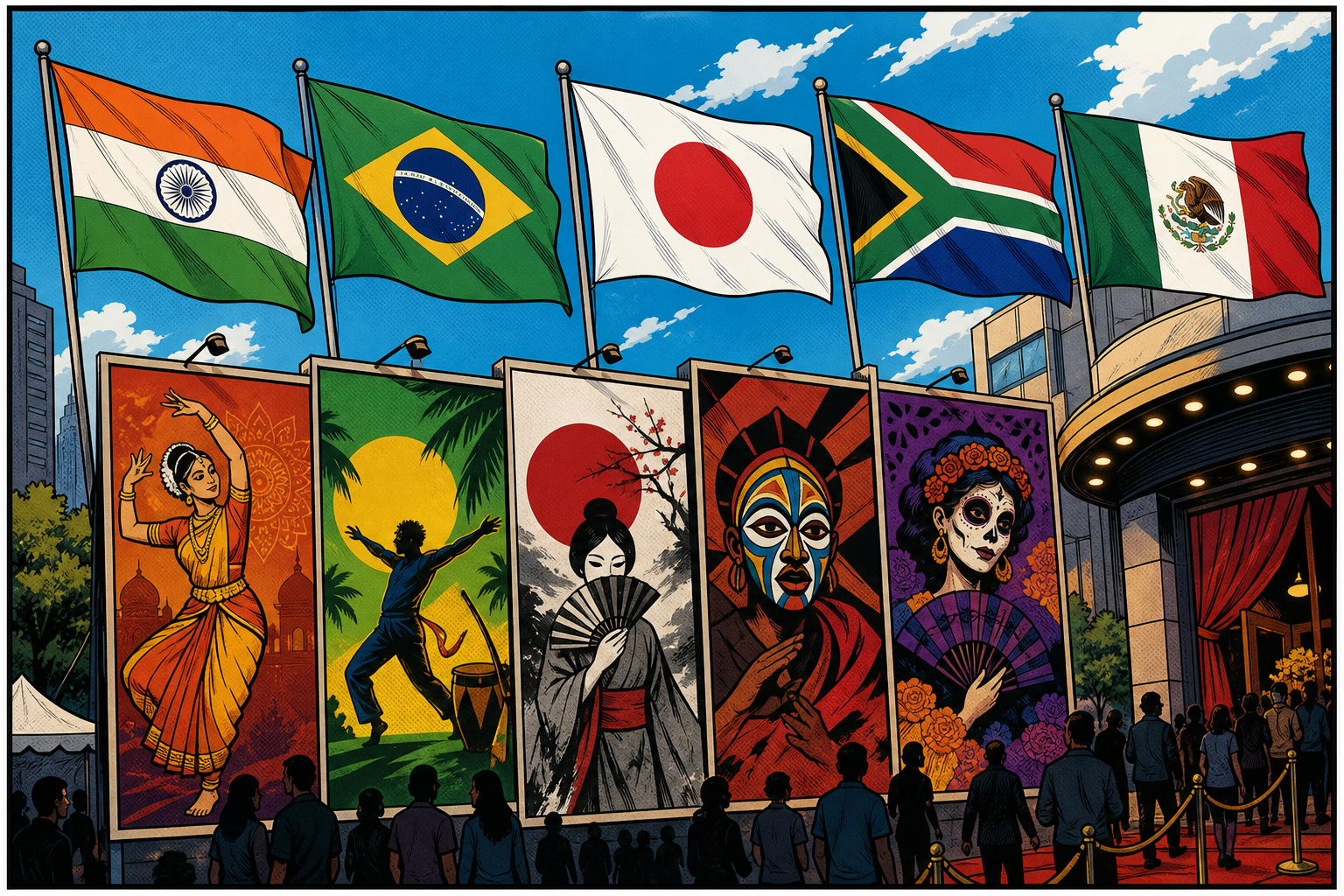 Five-nation flags and posters.