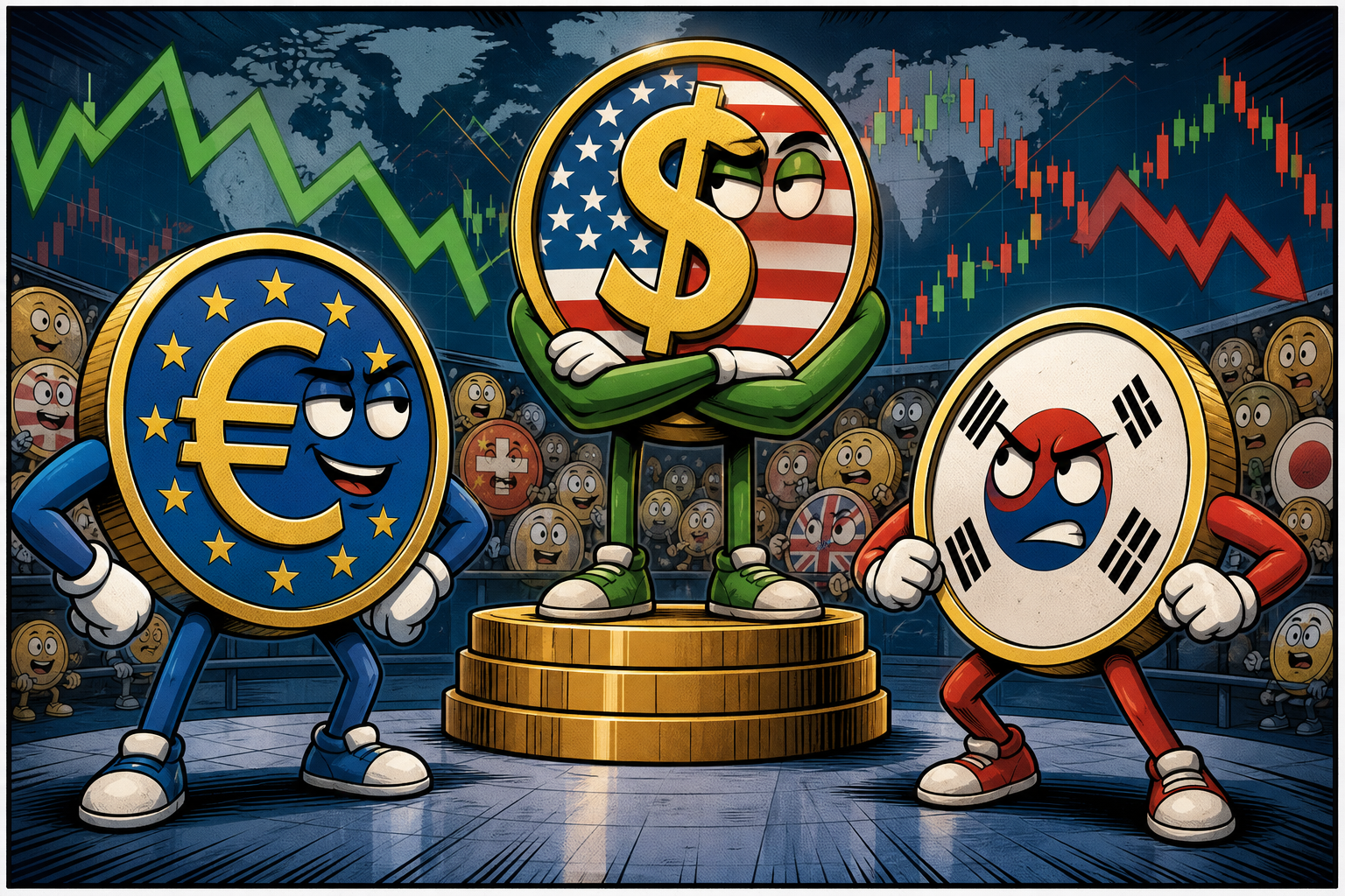 Euro, dollar and won exchange.