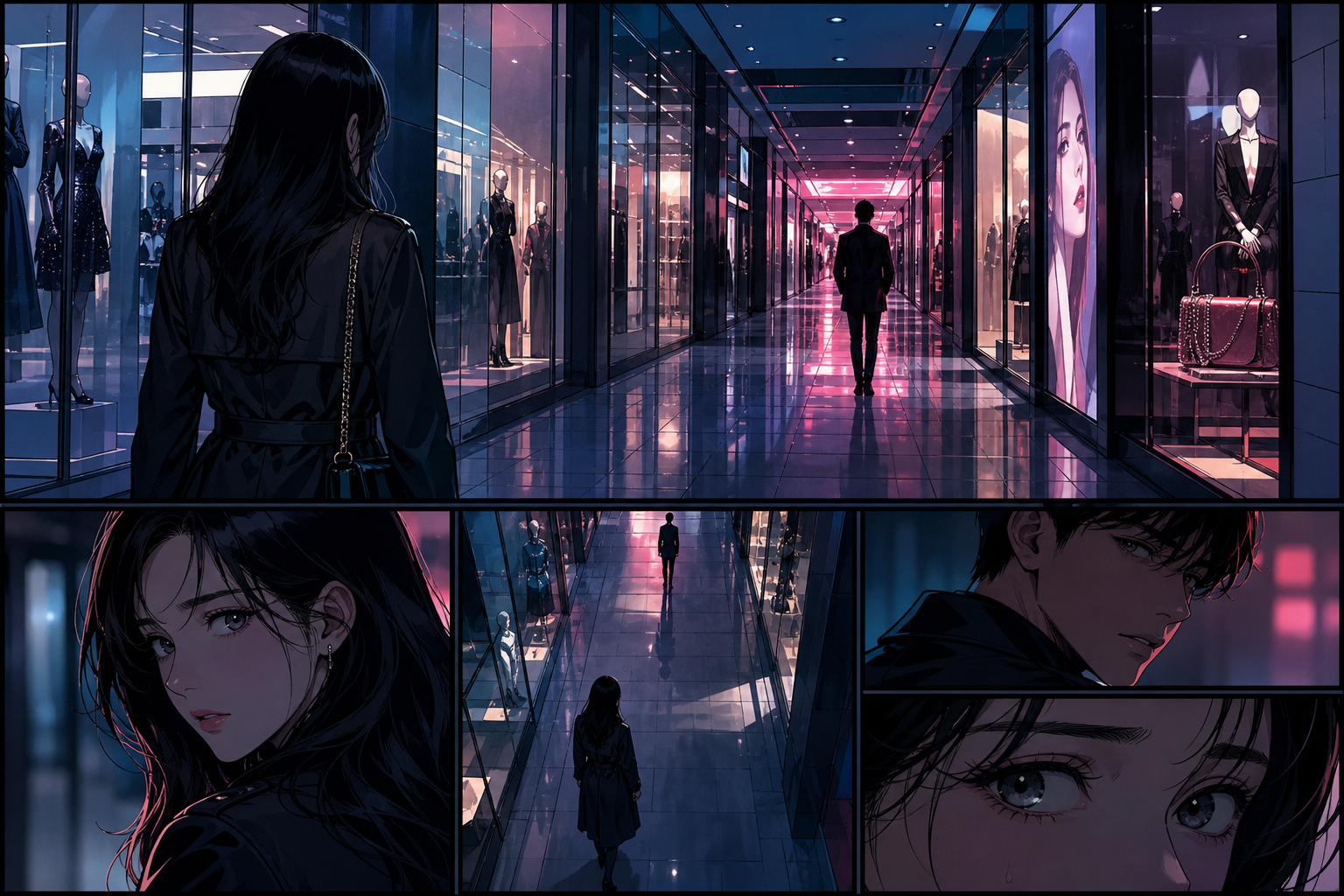 Neon shopping mall corridor.