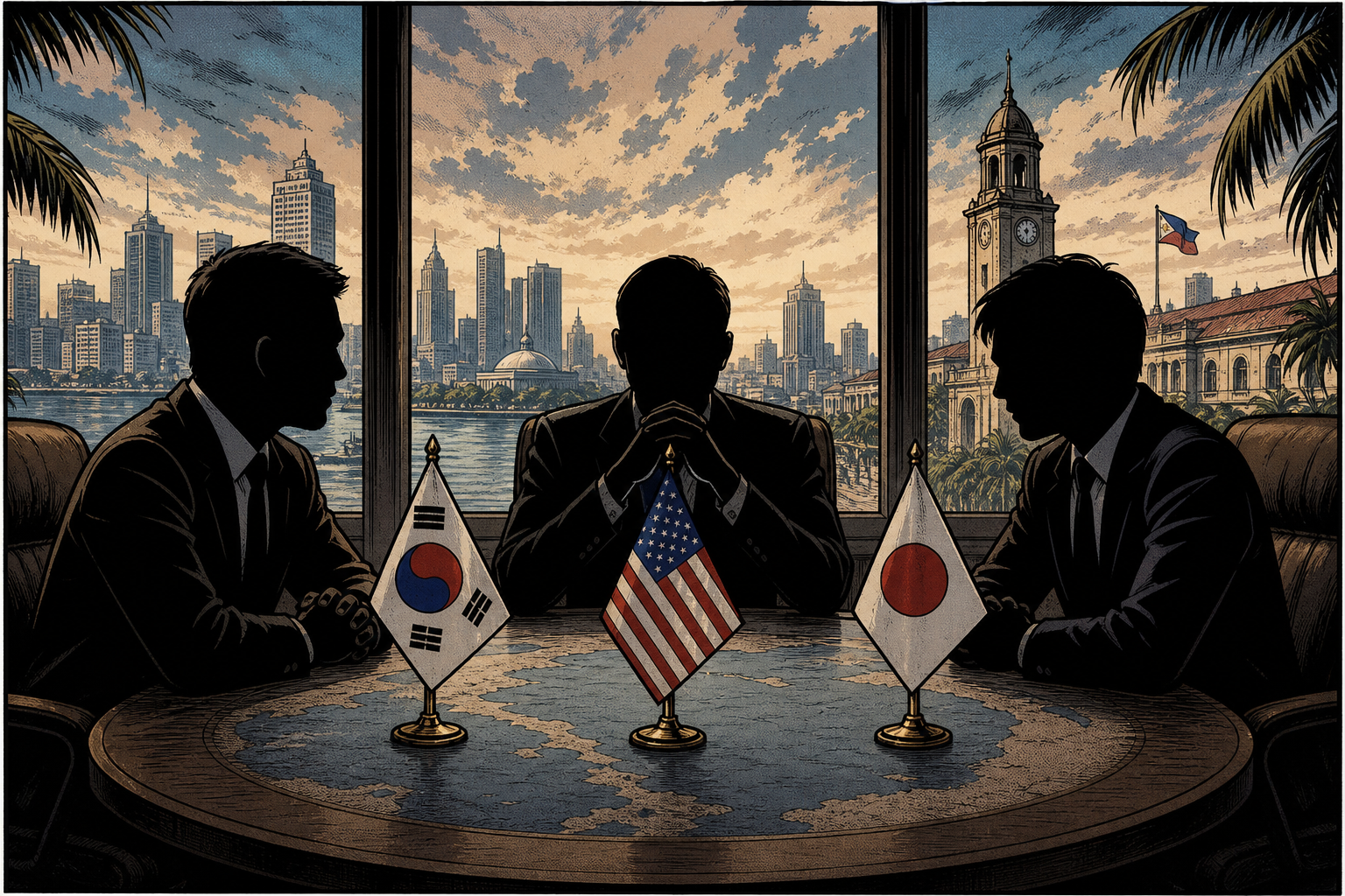 Korea–U.S.–Japan diplomat silhouettes.