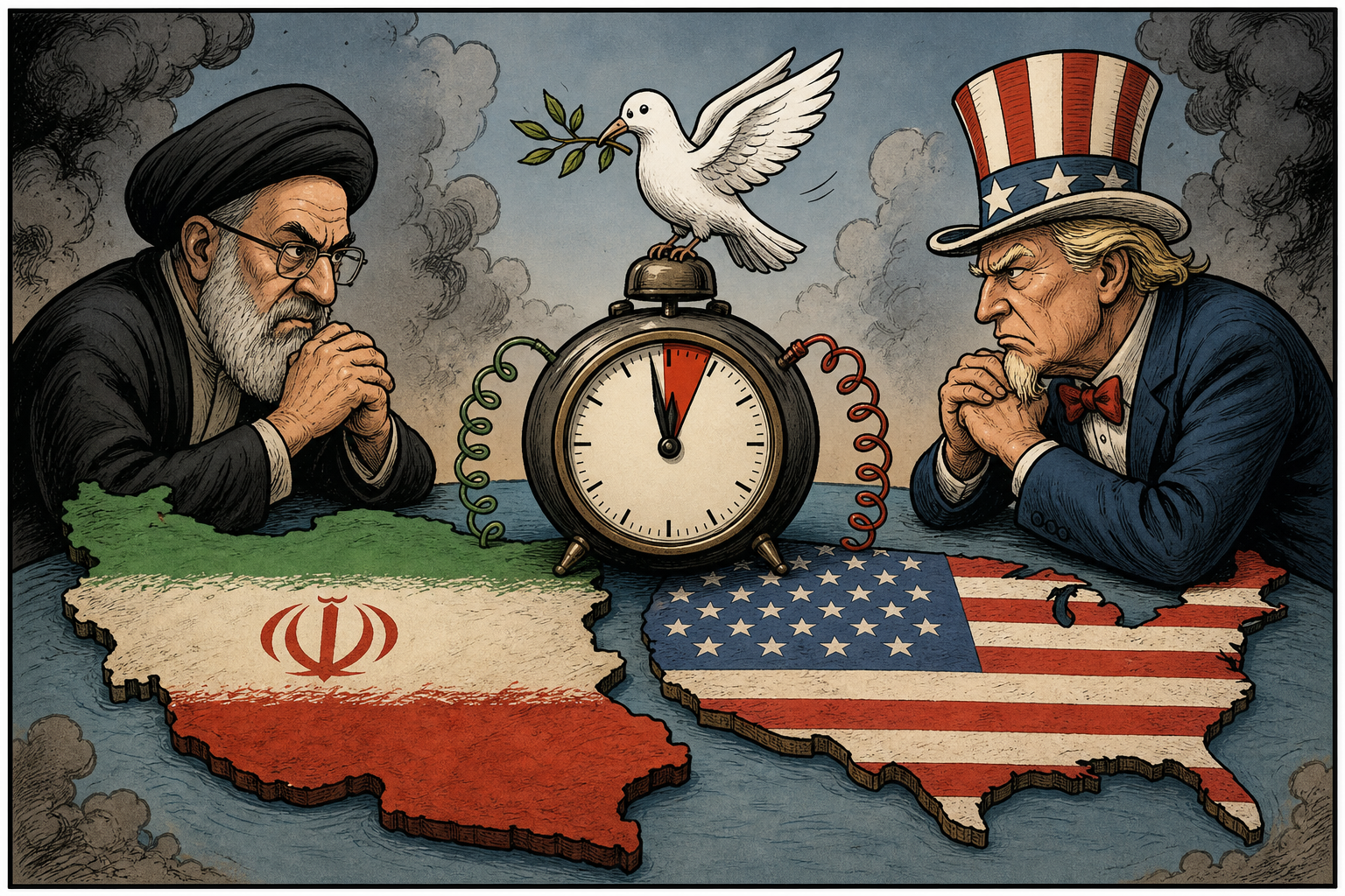 Iran–U.S. map and ceasefire clock.