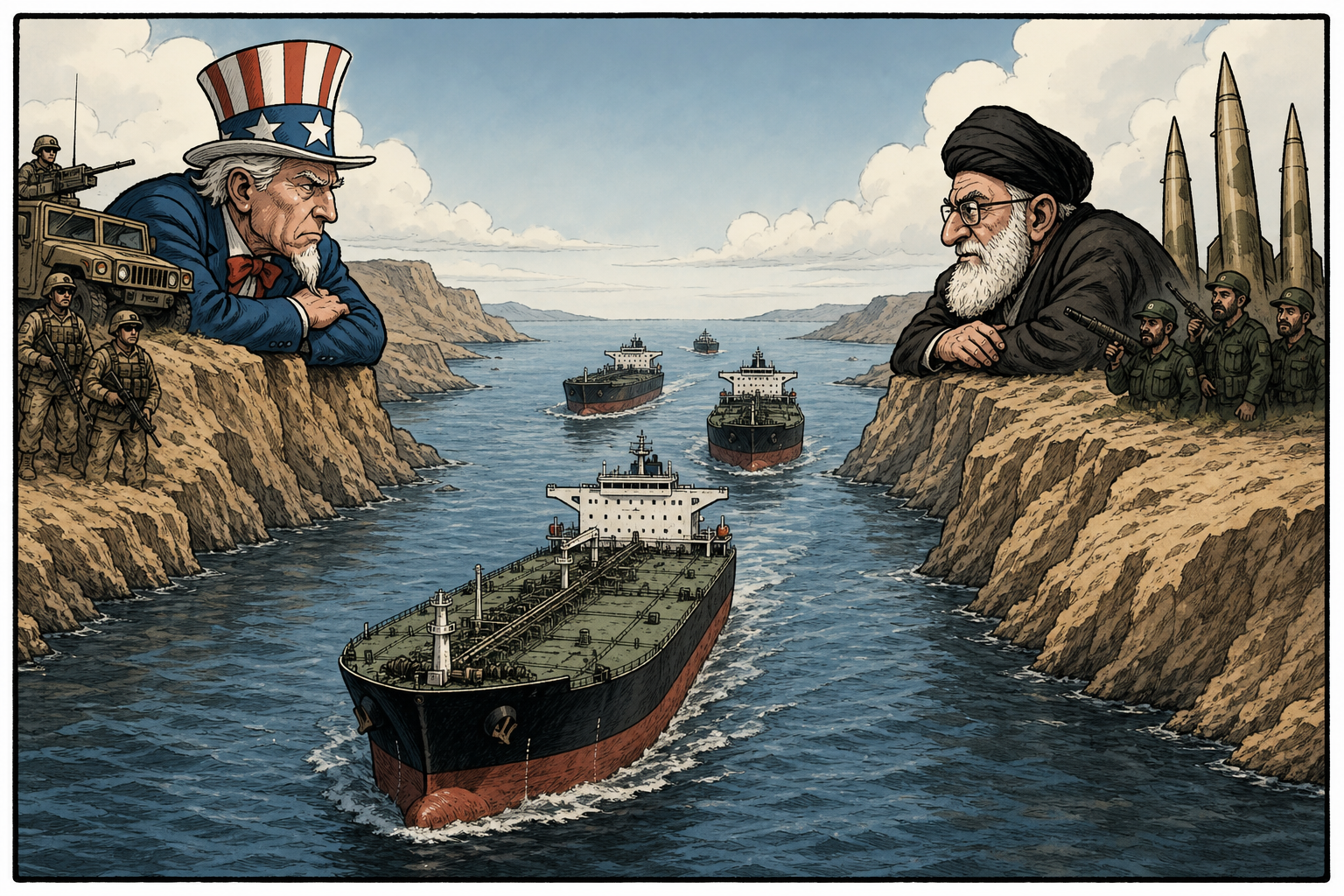 Strait of Hormuz and oil tankers.