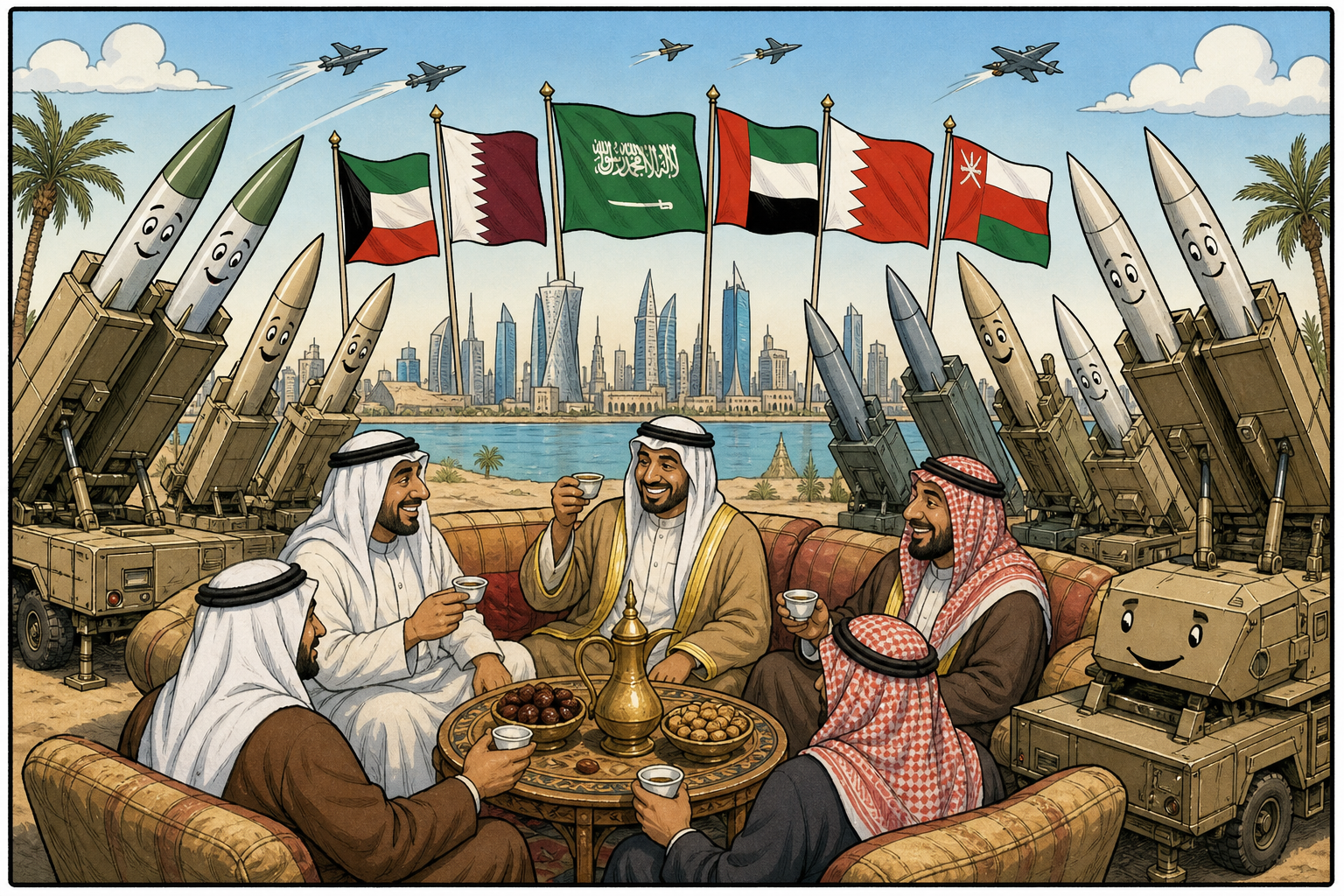 Gulf air defense and diplomacy flags.