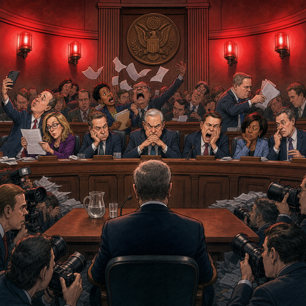 Congress hearing and warning lights.