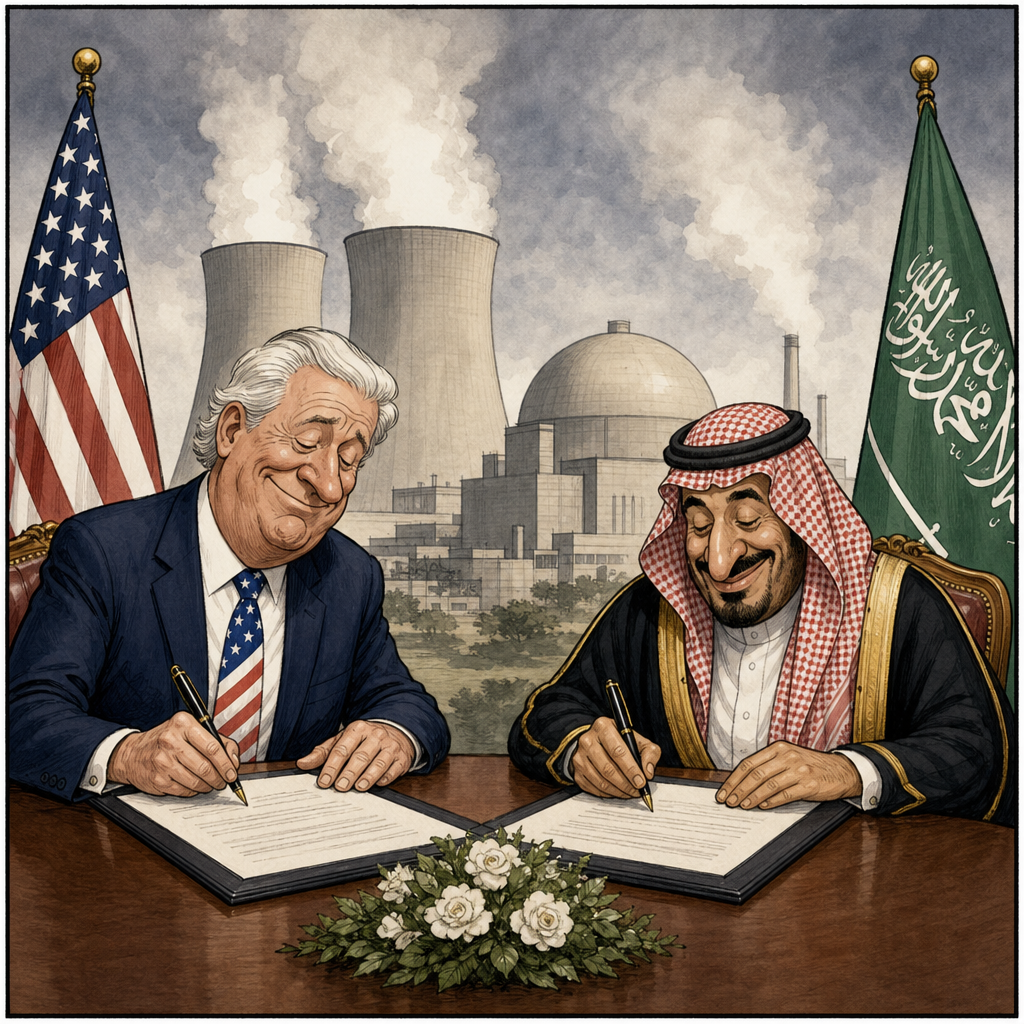 U.S. and Saudi diplomats signing nuclear pact.