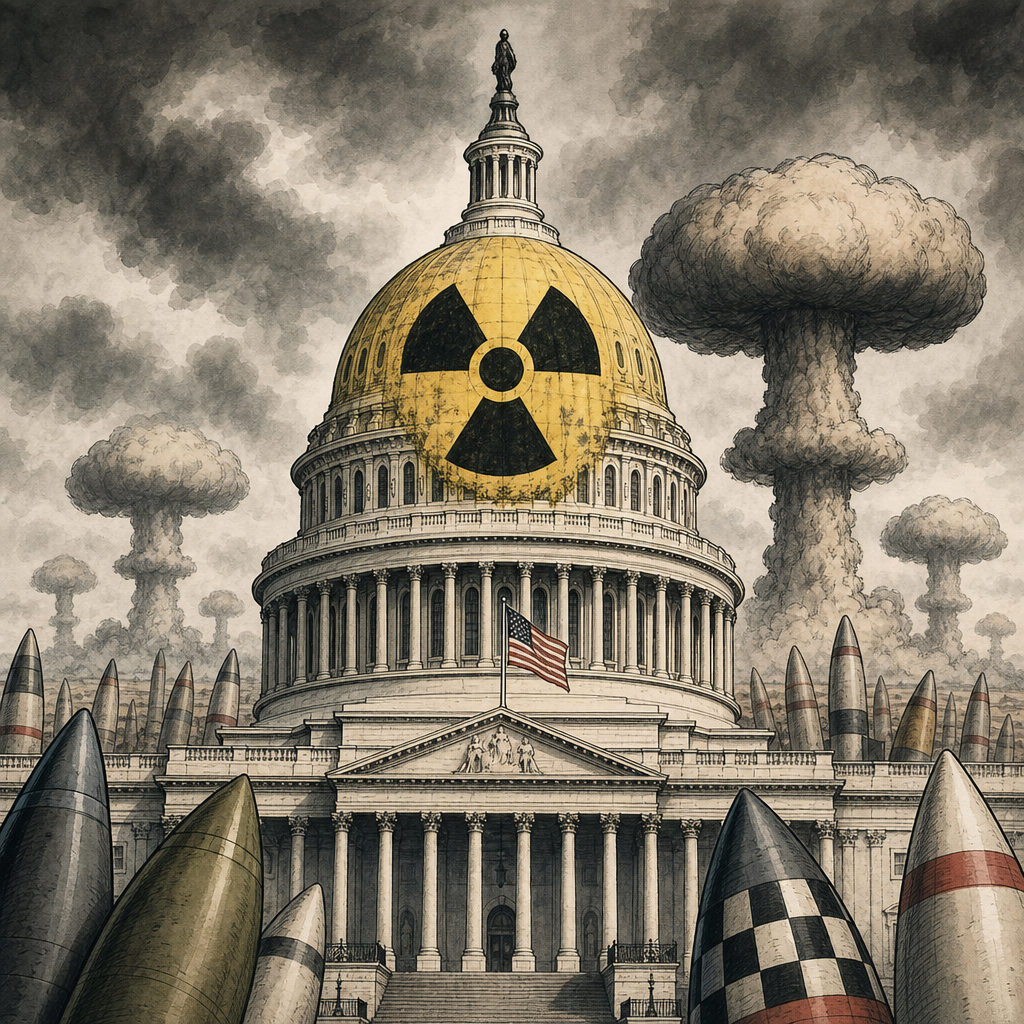 Congress building and proliferation warning sign.