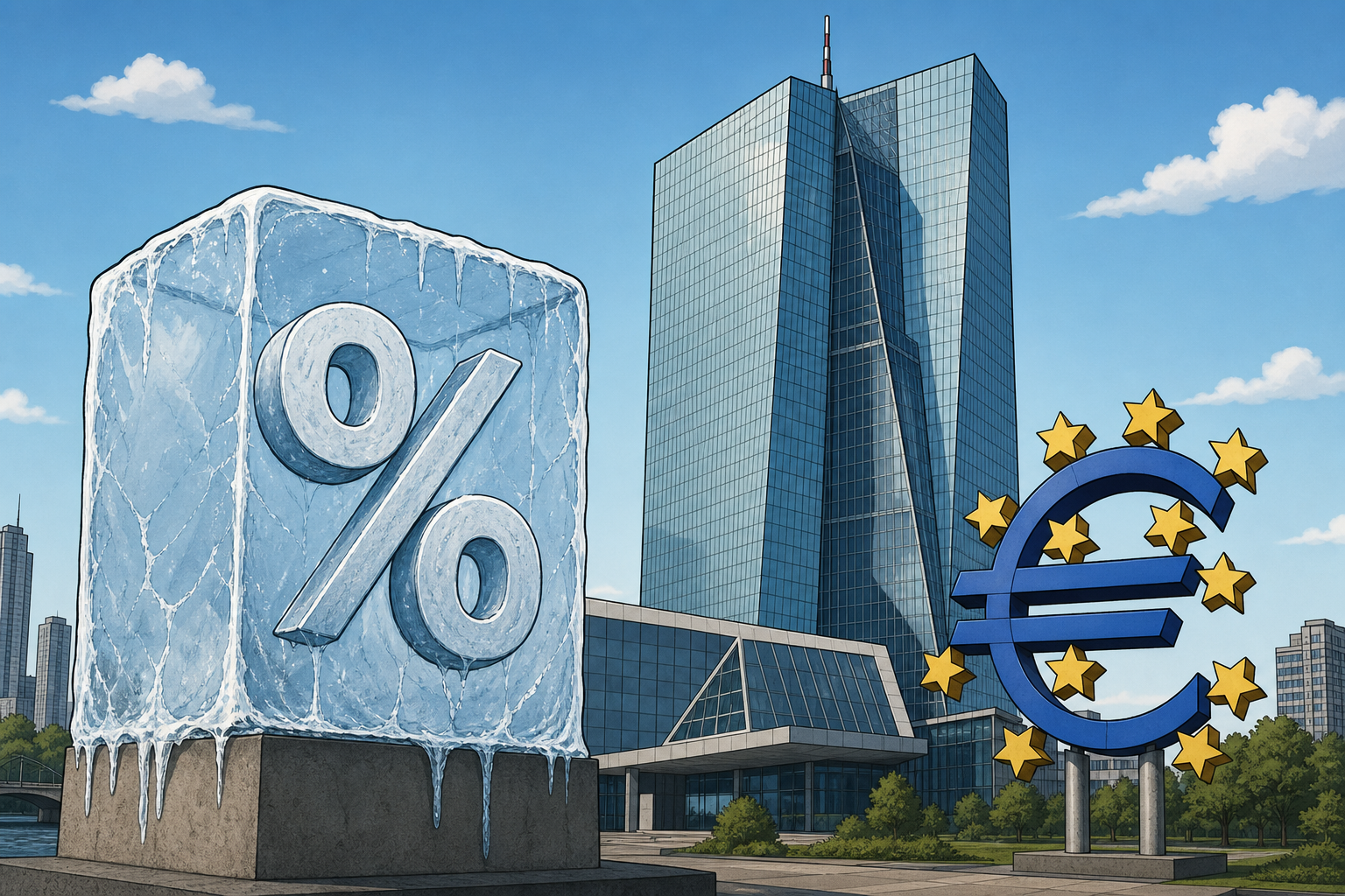 ECB headquarters and rate-hold sign.