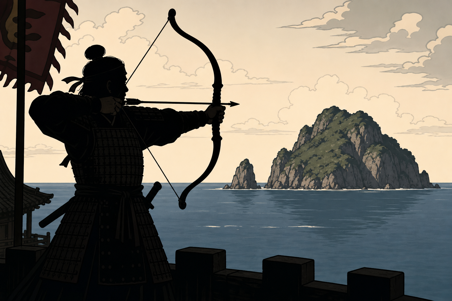 Archer and Tsushima island silhouette.