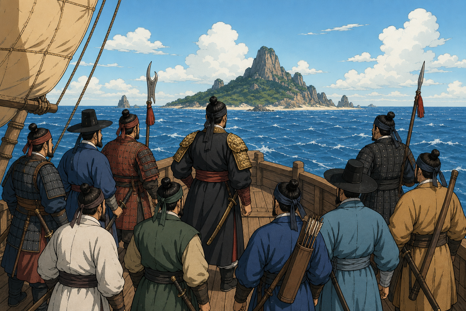 Nine warriors with ship background.