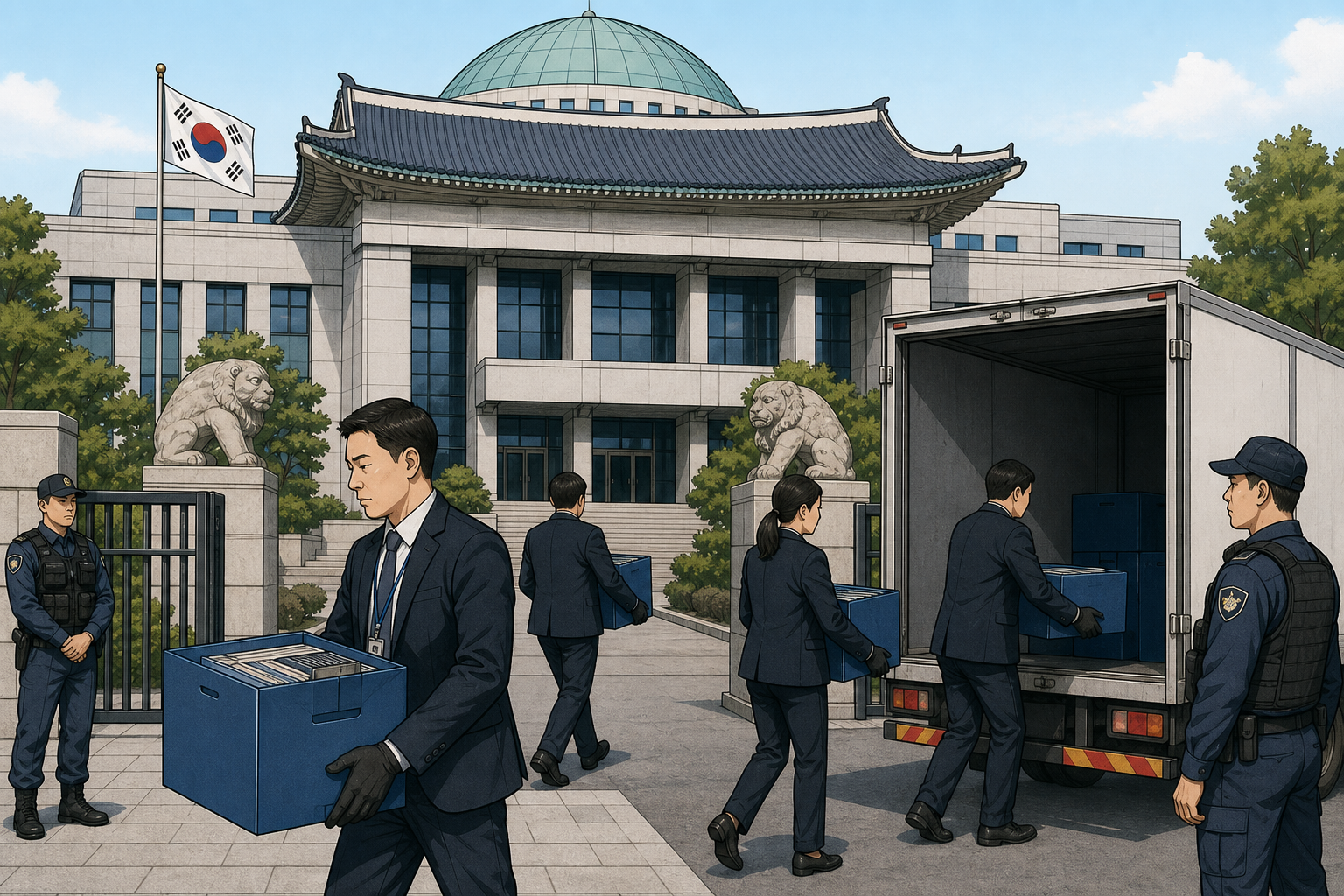 Election commission building and investigators.
