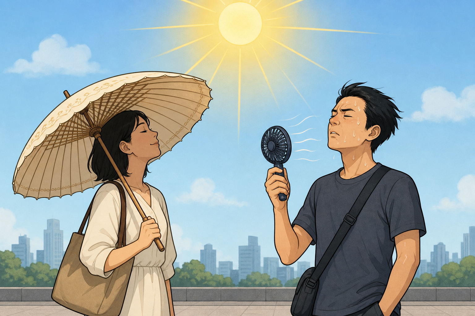 Person with umbrella vs handheld fan.