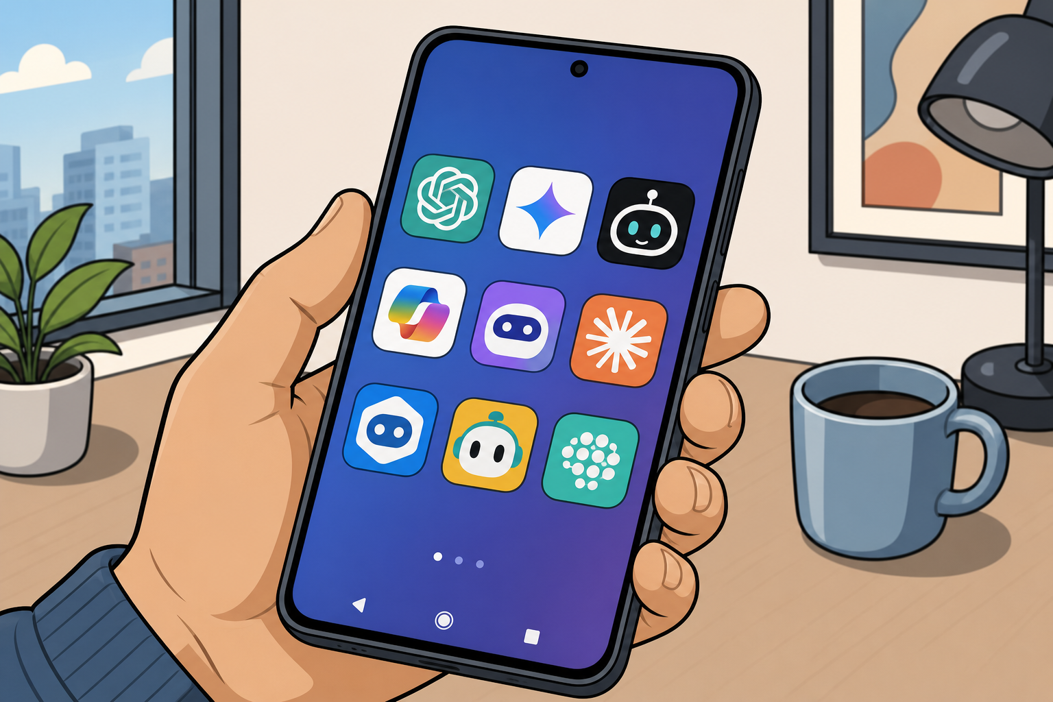 Android phone with multiple AI icons.