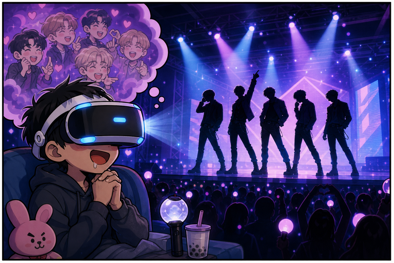 VR headset and TXT silhouettes.