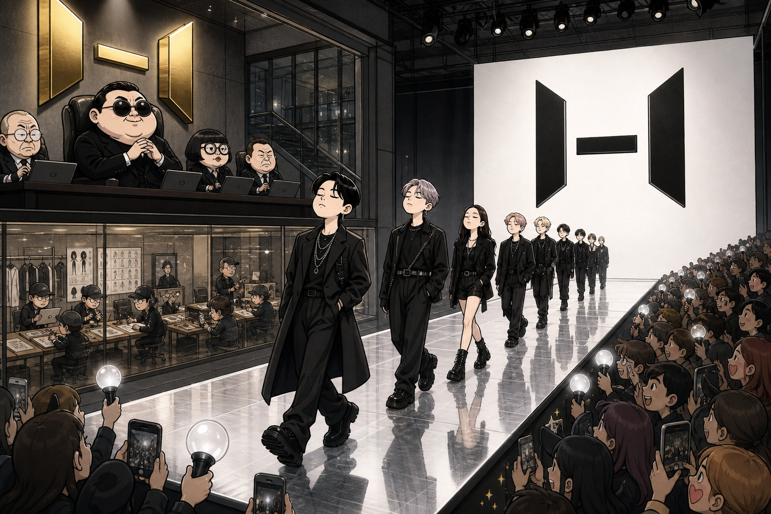 HYBE logo and fashion runway.