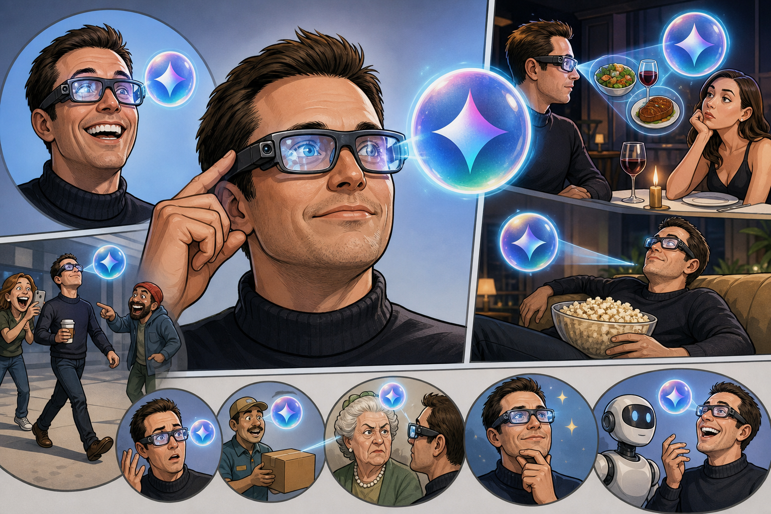 Smart glasses and Gemini logo.