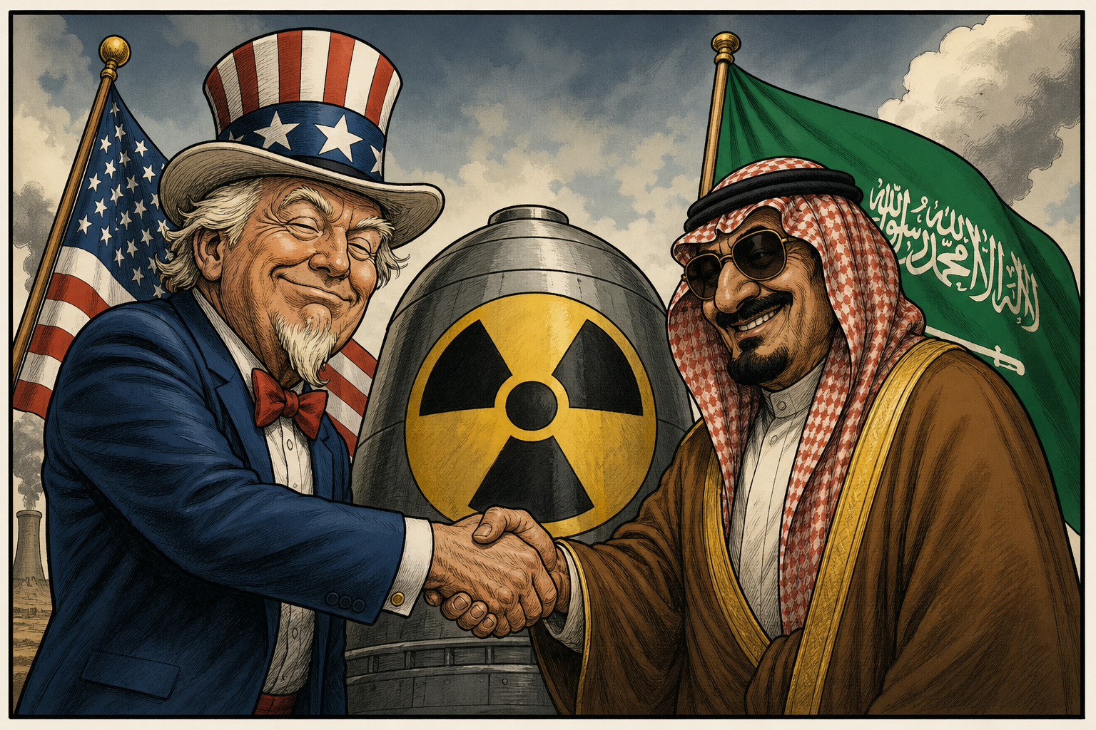 U.S.–Saudi flags and nuclear symbol.