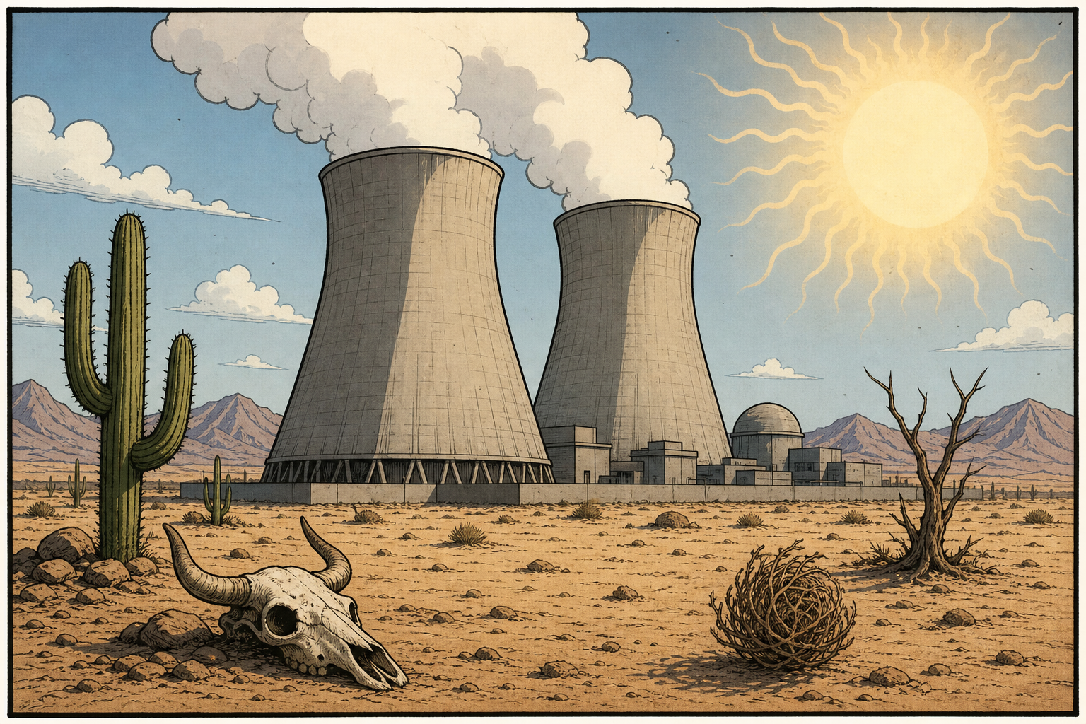 Reactor towers in desert backdrop.