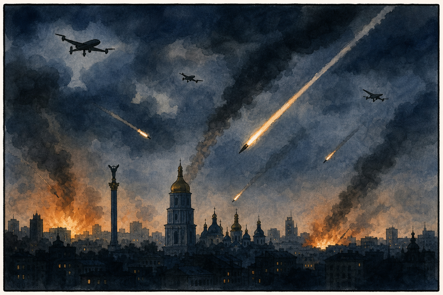 Drones and missiles over Kyiv sky.