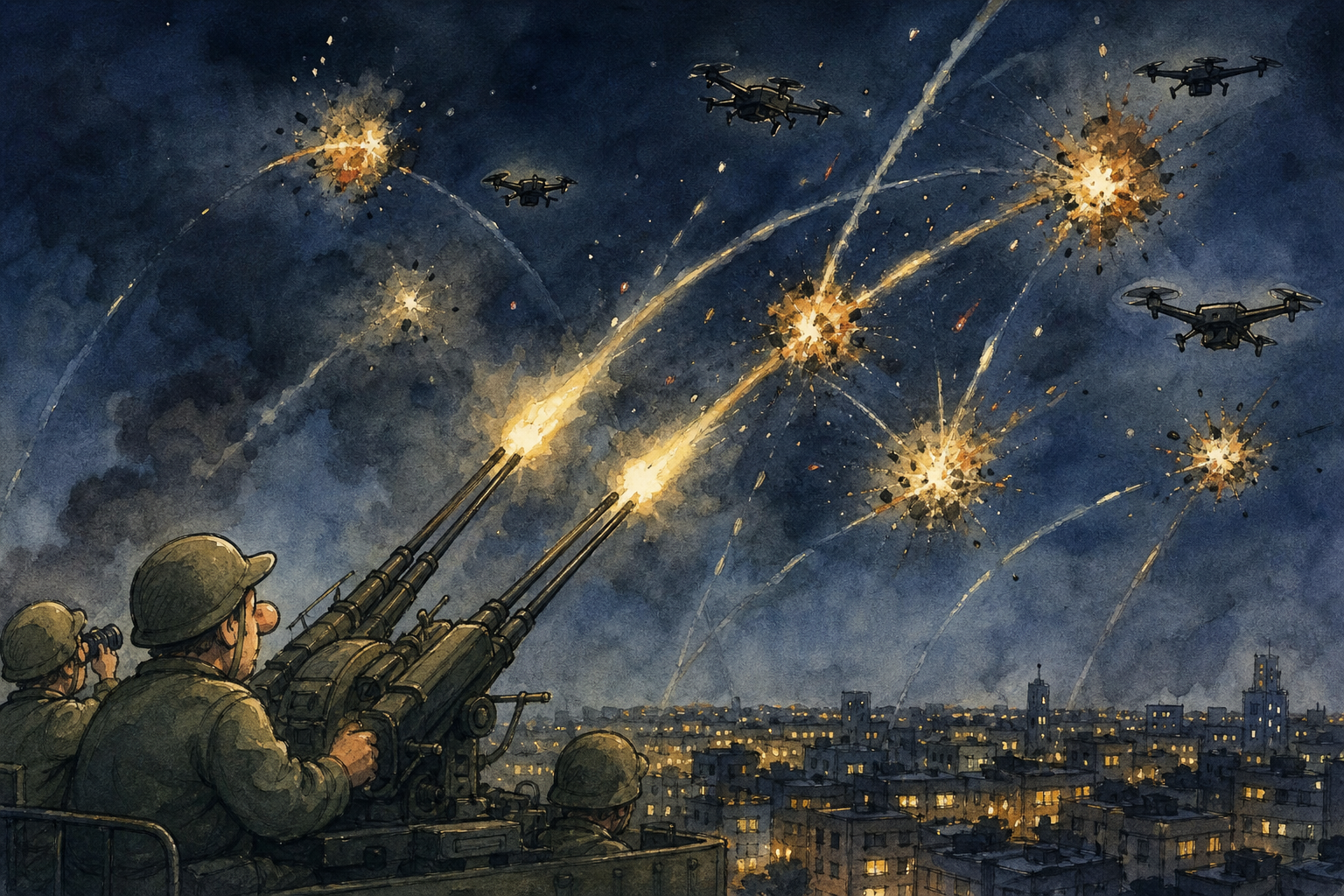 Air defense intercepts and sparks.