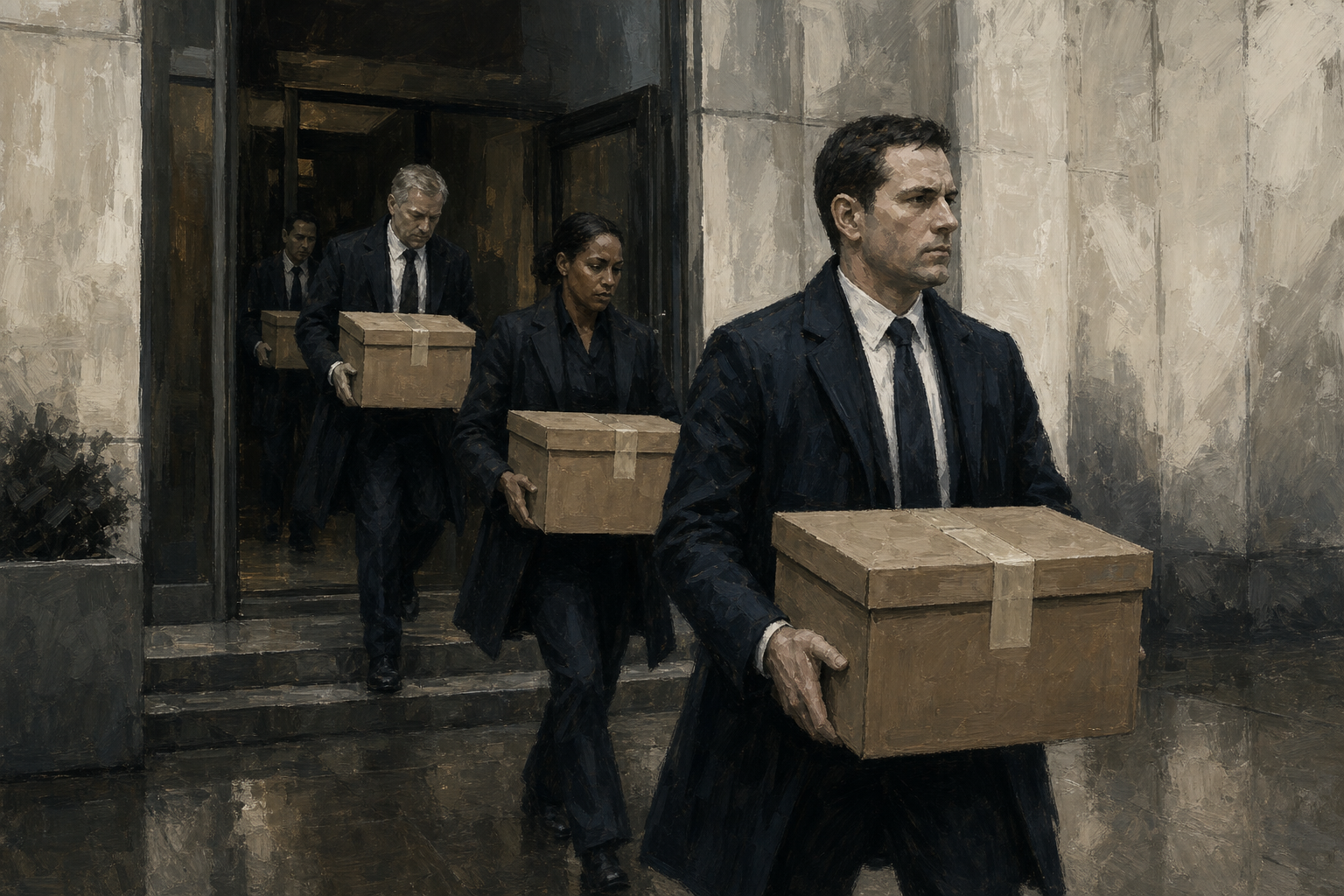 Leaving with boxes after verdict.