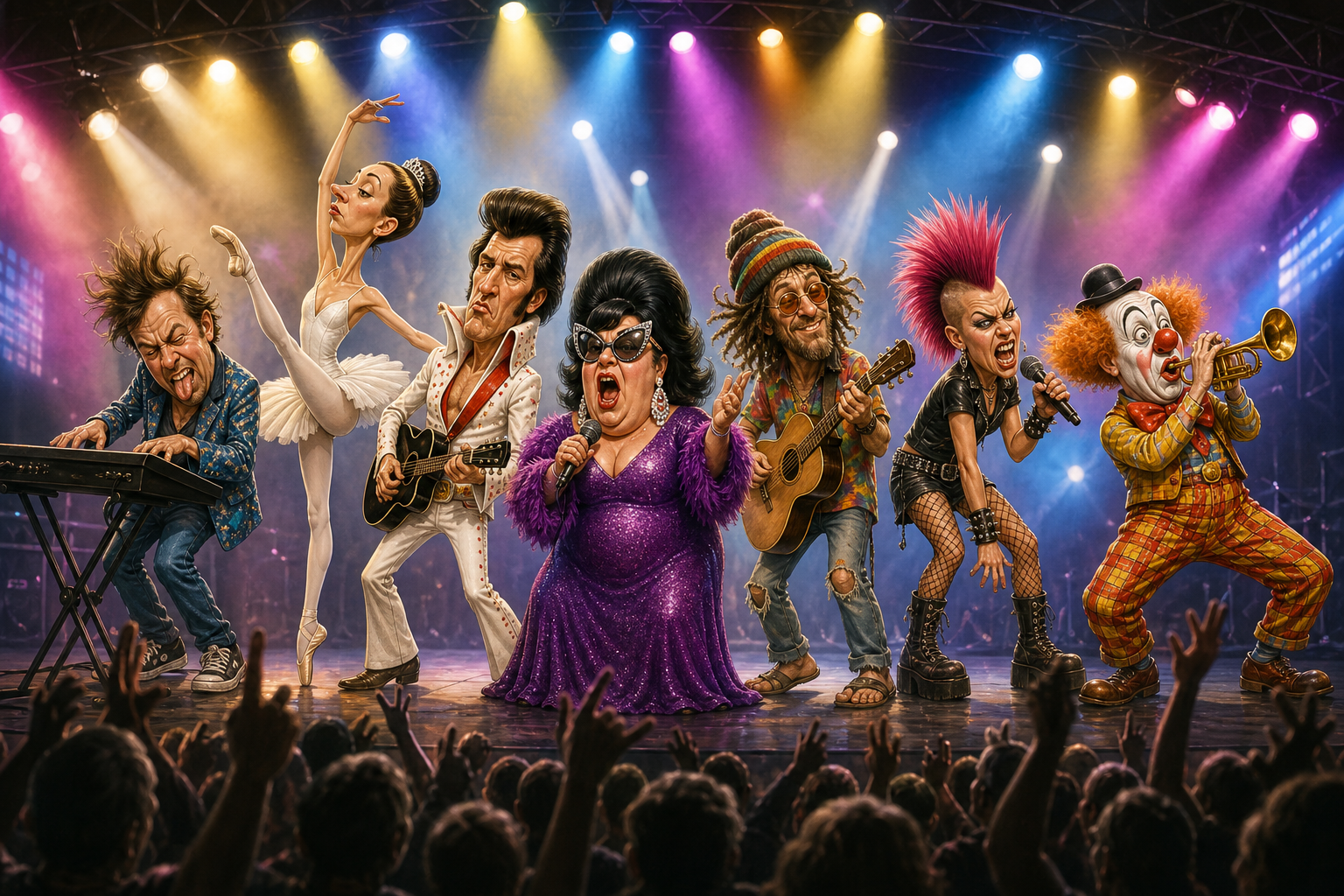 Seven performers on stage.
