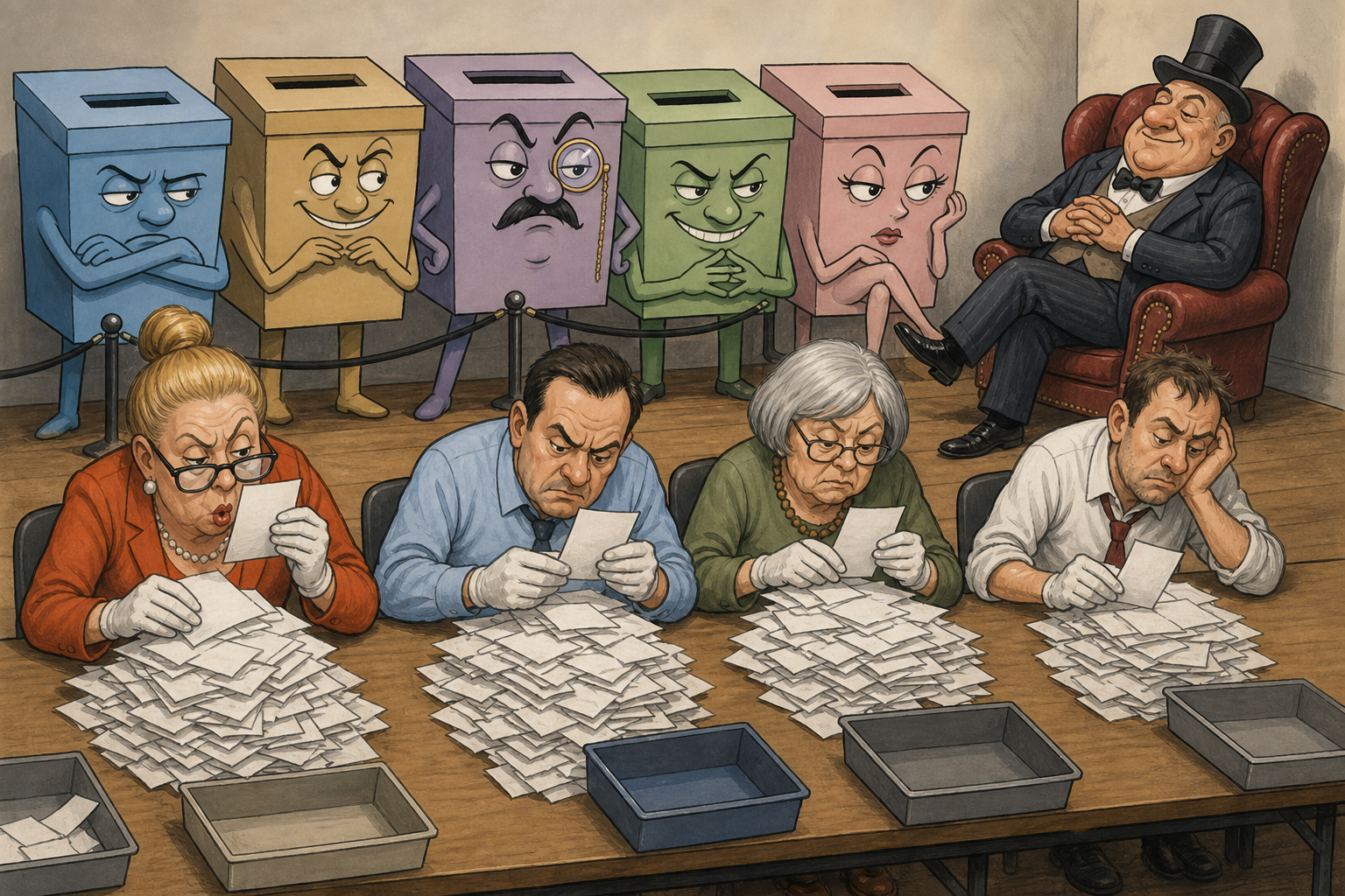Ballot boxes and counting.