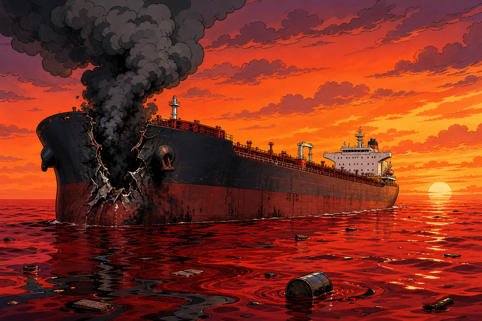 Red Sea tanker with smoke.