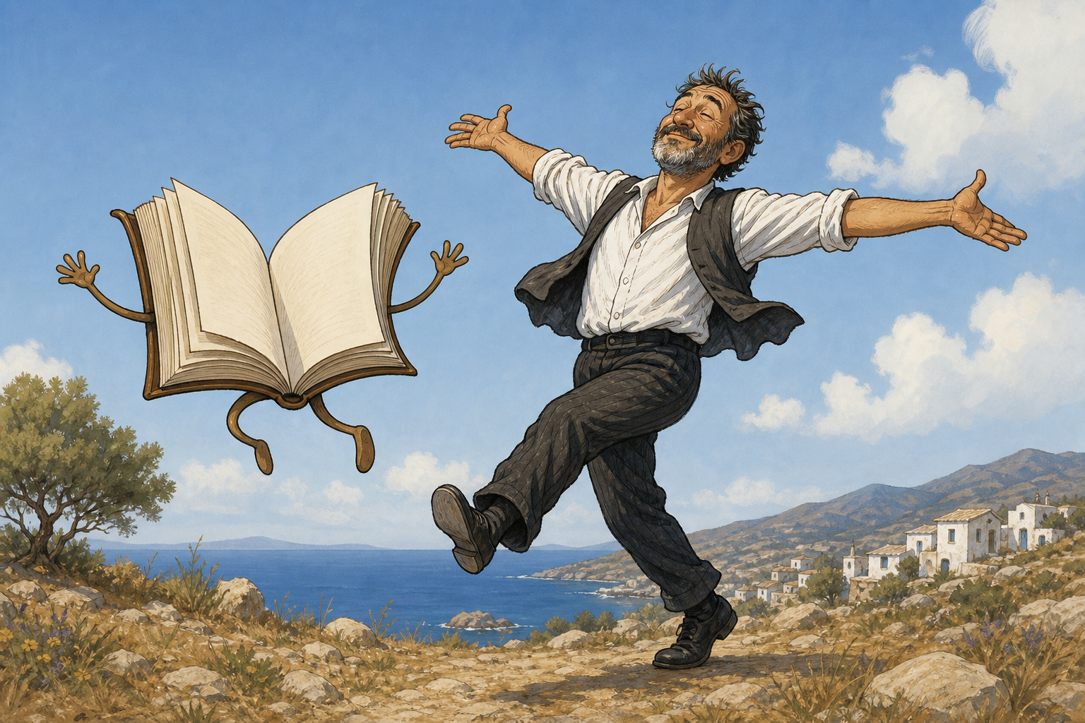 Book and dancing figure.